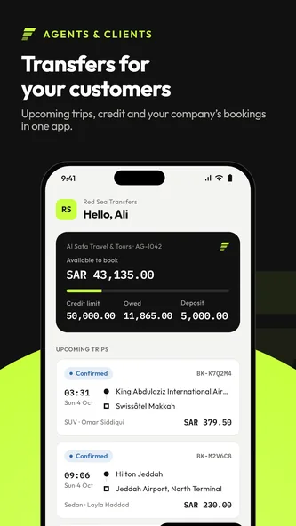 Screenshot of the TransferArc Client app showing credit available, upcoming trips and the company’s bookings