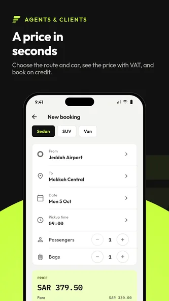 Screenshot of the TransferArc Client app showing a new booking with route, car class, date, passengers and the price with VAT