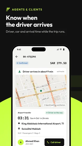 Screenshot of the TransferArc Client app showing the driver on a live map with the arrival time