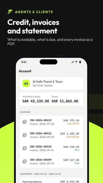 Screenshot of the TransferArc Client app showing credit, amounts owed, invoices and the account statement