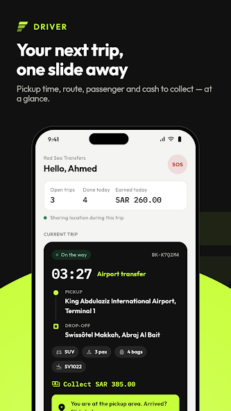Screenshot of the TransferArc Driver app showing the next trip and the slide to update status