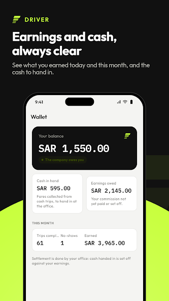 Screenshot of the TransferArc Driver app showing balance, cash in hand, earnings owed and this month