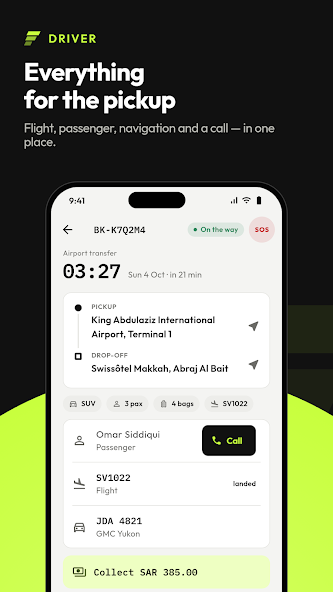 Screenshot of the TransferArc Driver app showing flight, passenger, navigation and call buttons