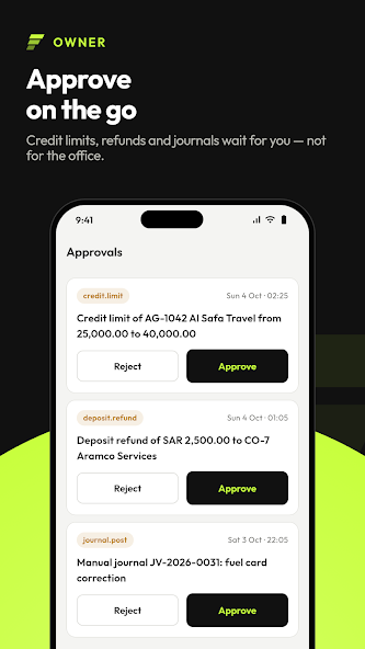 Screenshot of the TransferArc Owner app showing credit limit, deposit refund and manual journal approvals