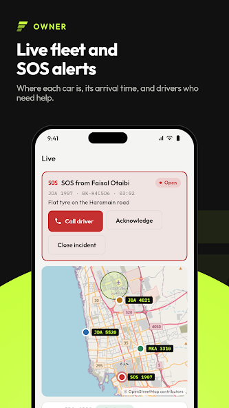 Screenshot of the TransferArc Owner app showing the live fleet map and an SOS alert