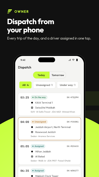 Screenshot of the TransferArc Owner app showing today’s trips, unassigned and assigned